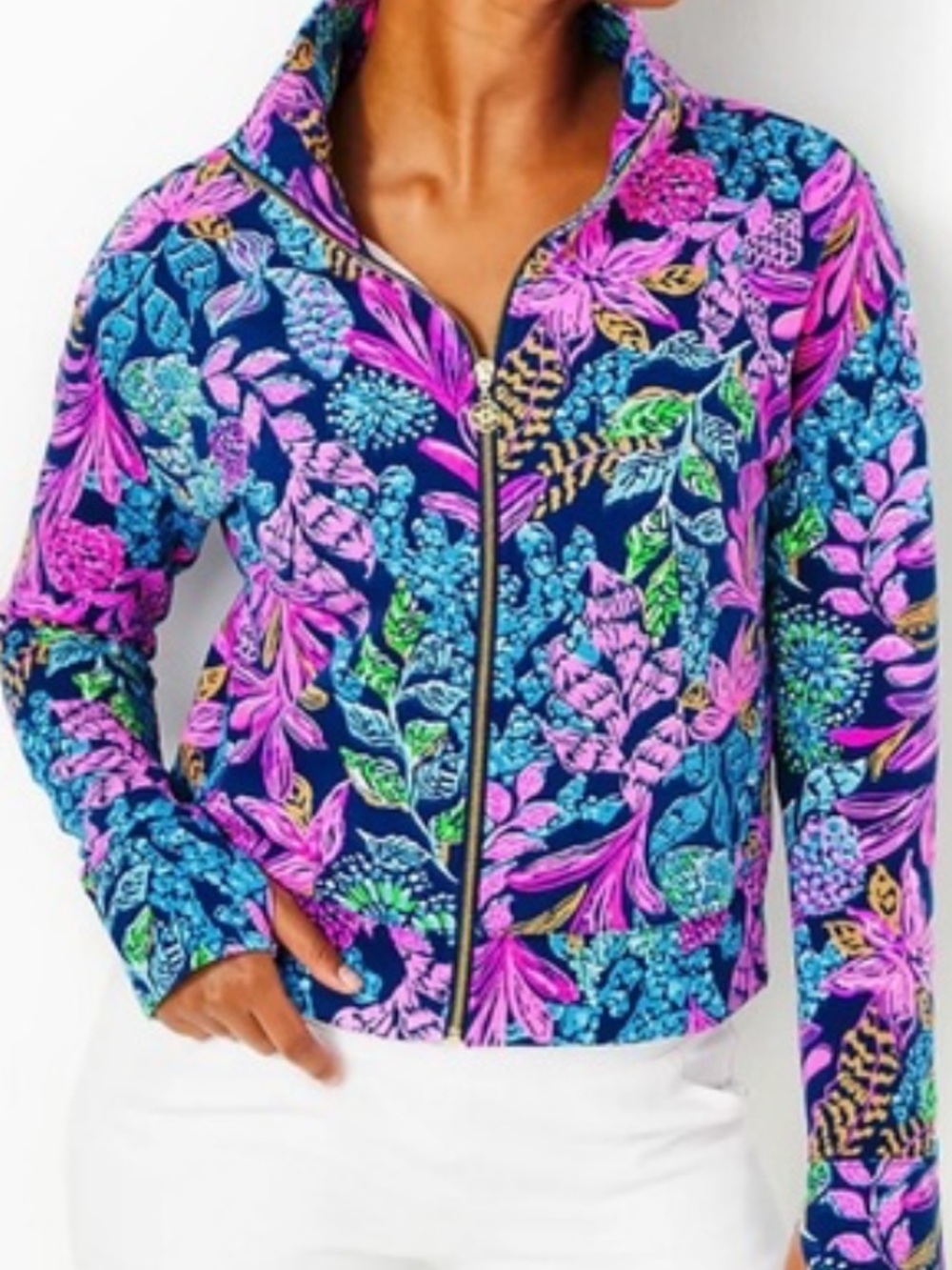 Lilly Pulitzer Wrenley Zip-Up Floral Jacket Aegean Navy Calypso Coast Size XL - Picture 3 of 14